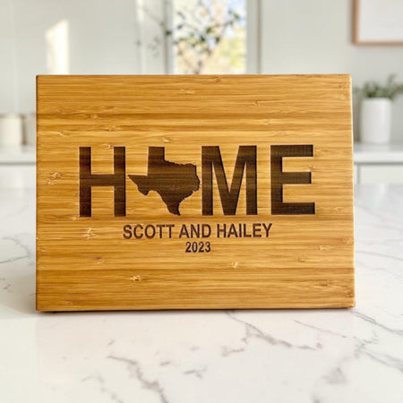 HOME State Cutting Board – Personalized Bamboo Board with Custom State, Names & Year - Sierra Heirloom